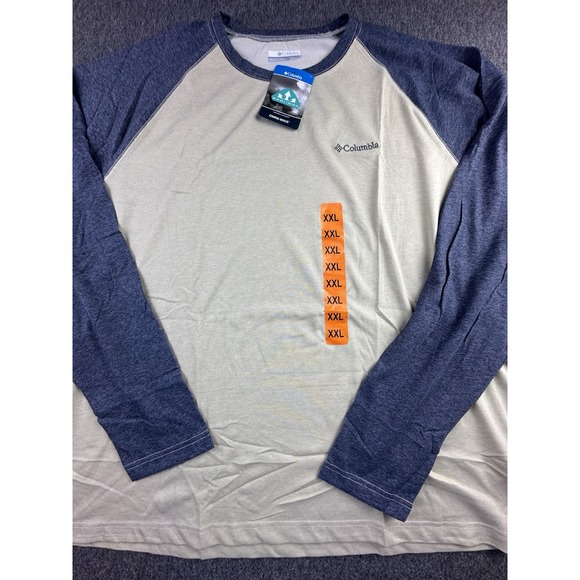 Columbia Shirt Mens XXL Tan Blue Raglan Tee Crewneck Omniwick Casual Comfort New - Picture 1 of 12